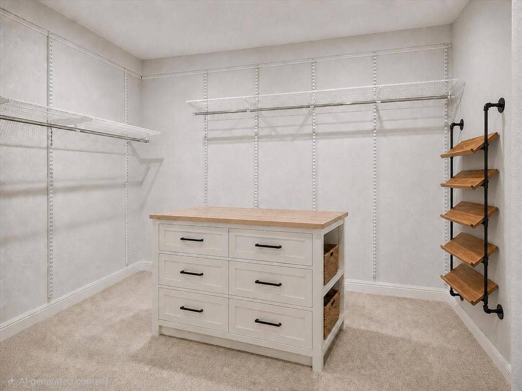 13430 Challaburton Drive, Farmers Branch, TX 75234 Spacious walk-in closet featuring a central dresser island with six drawers, adjustable wire shelving, and a wall-mounted shelving unit with wood-finish shelves