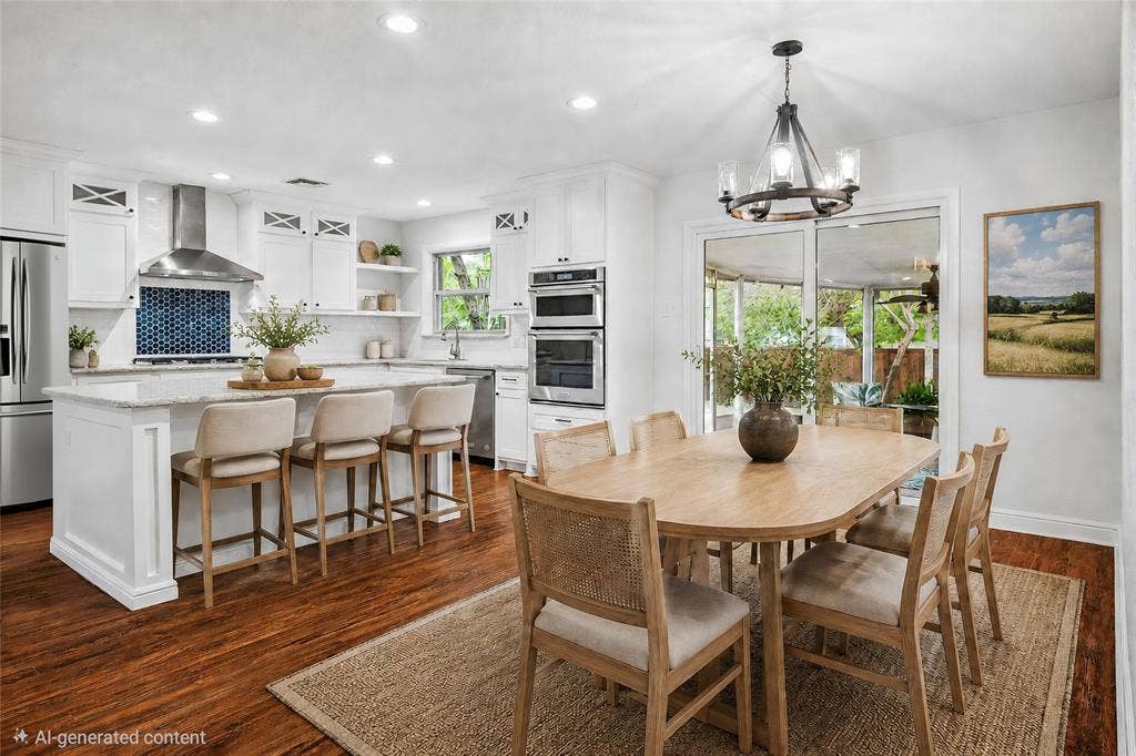13430 Challaburton Drive, Farmers Branch, TX 75234 VIRTUAL STAGING: Spacious kitchen featuring an expansive island with seating, stainless steel appliances, white cabinetry, a blue mosaic tile backsplash, and wood-finish flooring