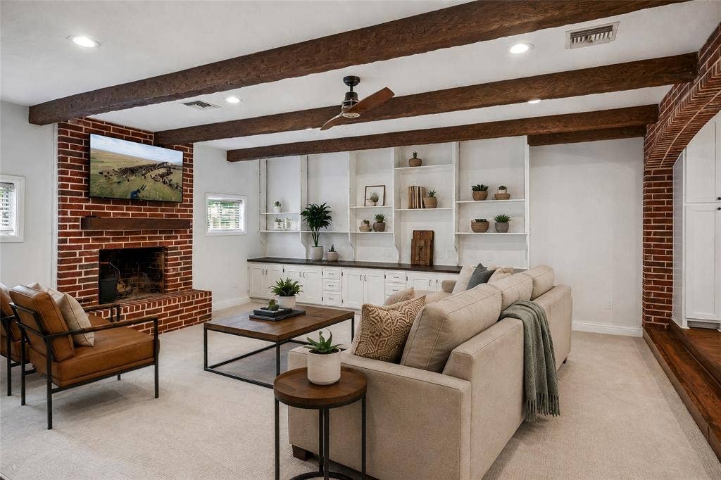 13430 Challaburton Drive, Farmers Branch, TX 75234 VIRTUAL STAGING -Living area featuring exposed wood ceiling beams and recessed lighting