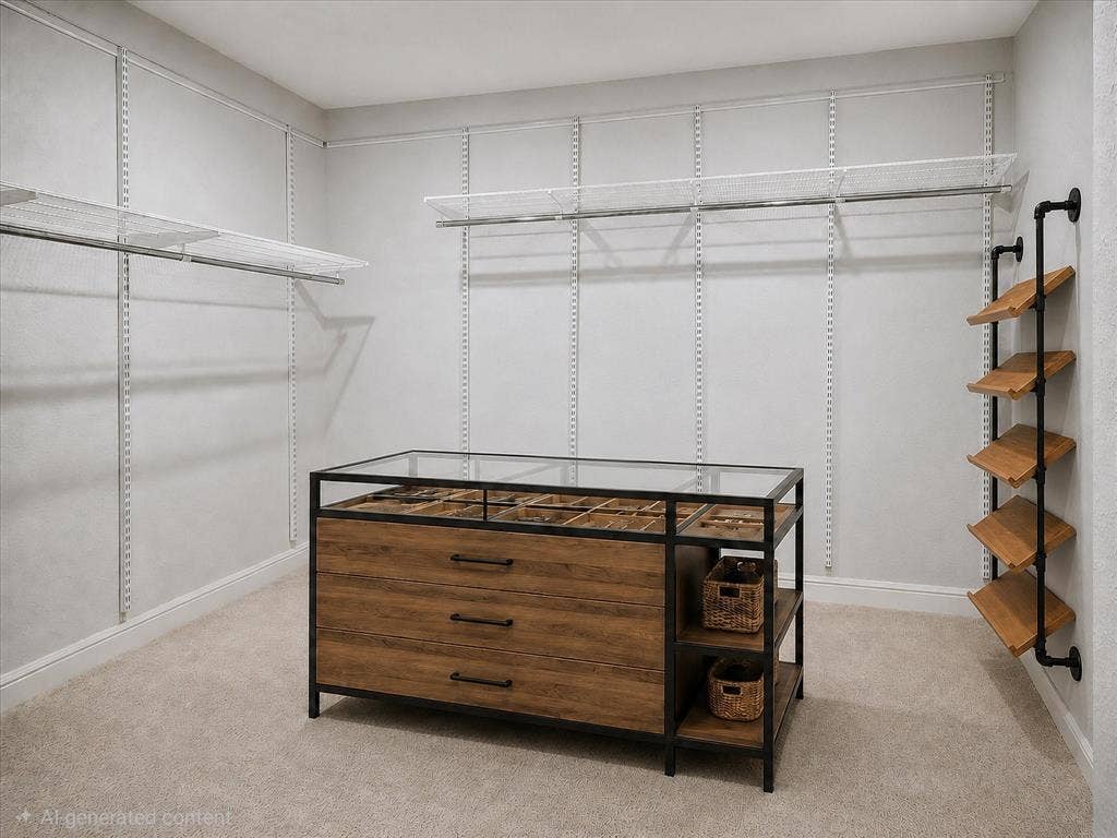 13430 Challaburton Drive, Farmers Branch, TX 75234 Custom closet organization system featuring adjustable wire shelving, a central wood-finish island with glass top and drawers, and industrial-style wall-mounted shelving
