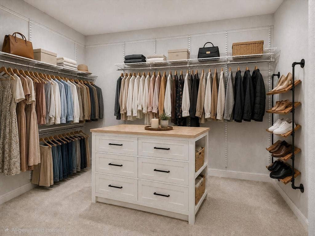 13430 Challaburton Drive, Farmers Branch, TX 75234 Spacious walk-in closet featuring a central dresser island with a wood-finish countertop, ample built-in shelving, multiple hanging rods, and integrated shoe storage