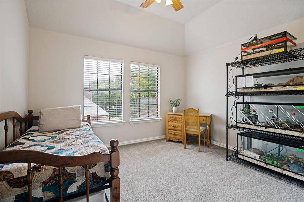 4305 Loch Haven Court, McKinney, TX 75072 Carpeted room featuring a vaulted ceiling and two windows with blinds