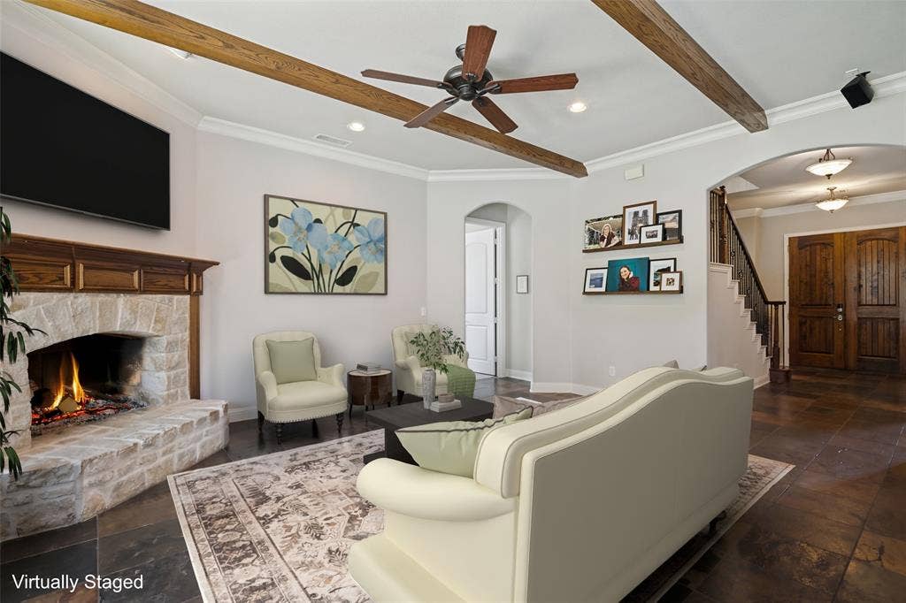 4305 Loch Haven Court, McKinney, TX 75072 Virtually staged. Spacious living room with fireplace.