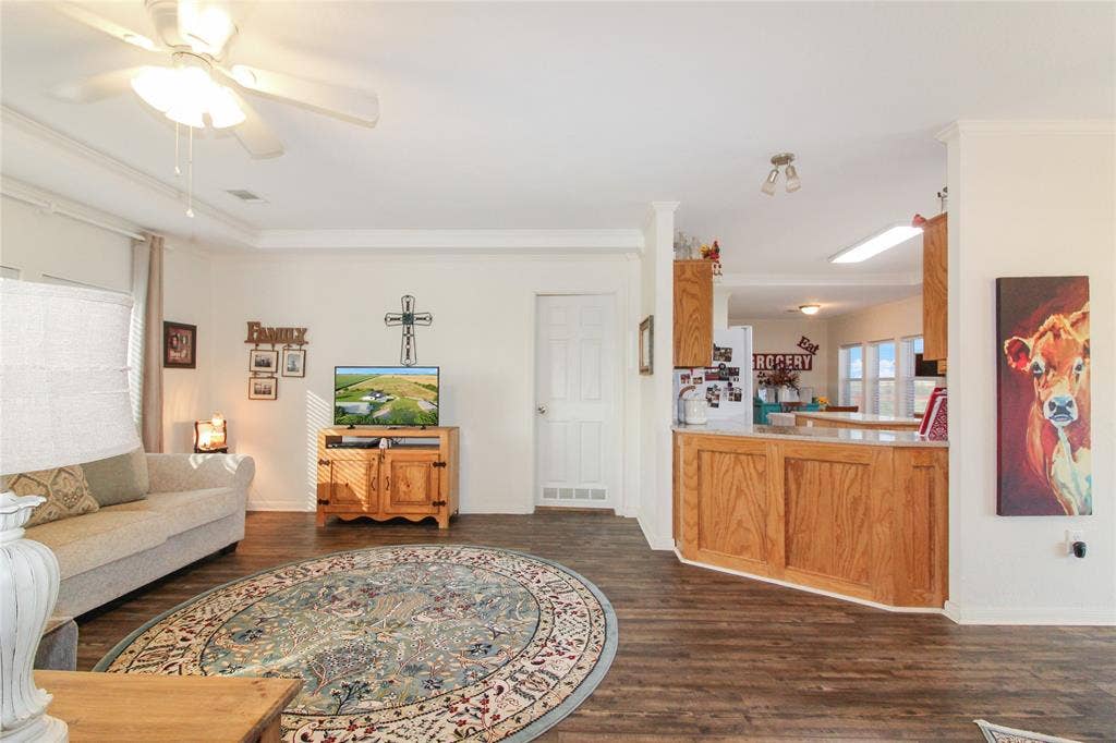 455 Hughes Cemetery Road, Italy, TX 76651 Expansive open-concept living area featuring wood-finish flooring, a tray ceiling, and a ceiling fan