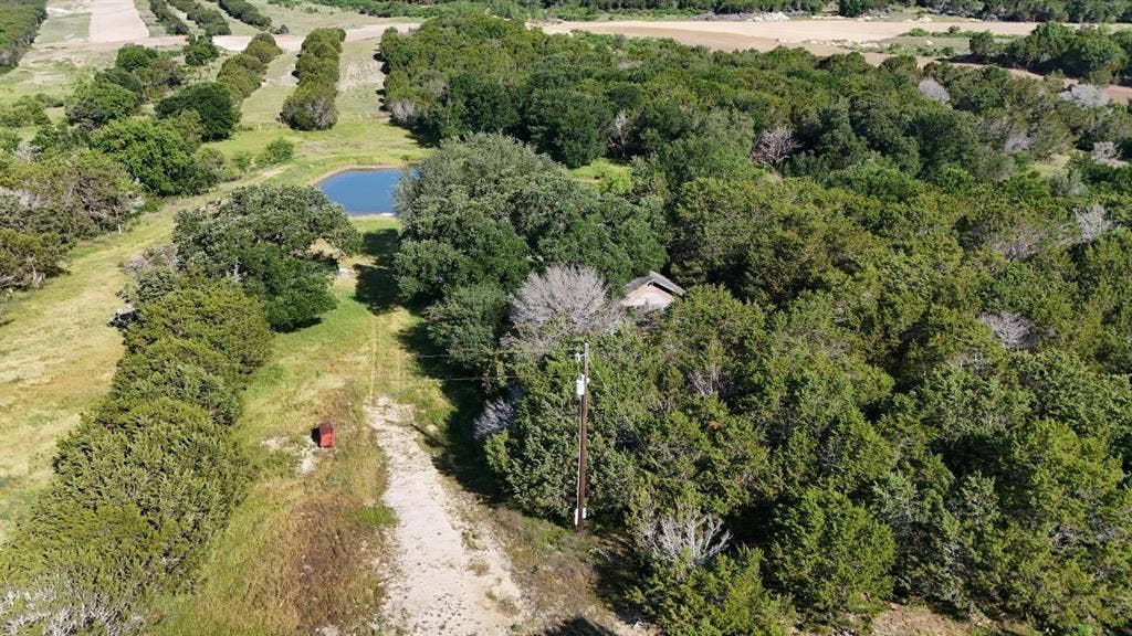 Wooded acreage featuring a visible pond and a structure with a gabled roof partially obscured by trees