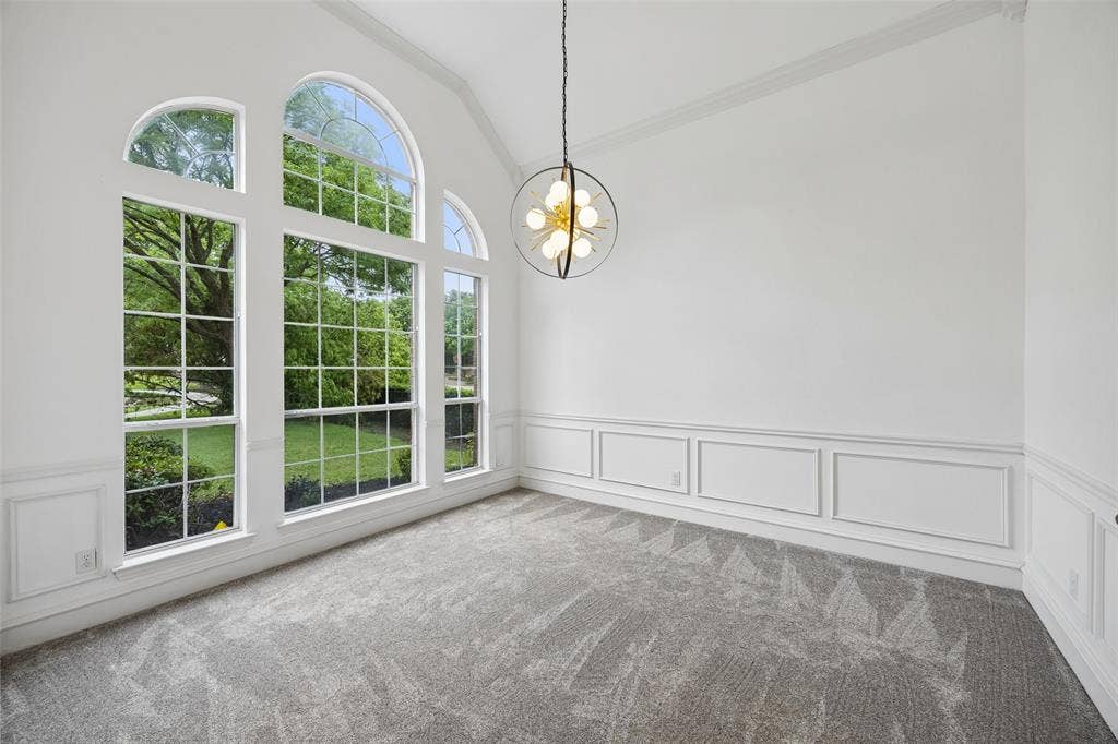 2701 Oates Drive, Plano, TX 75093 Vaulted ceiling with an architectural chandelier