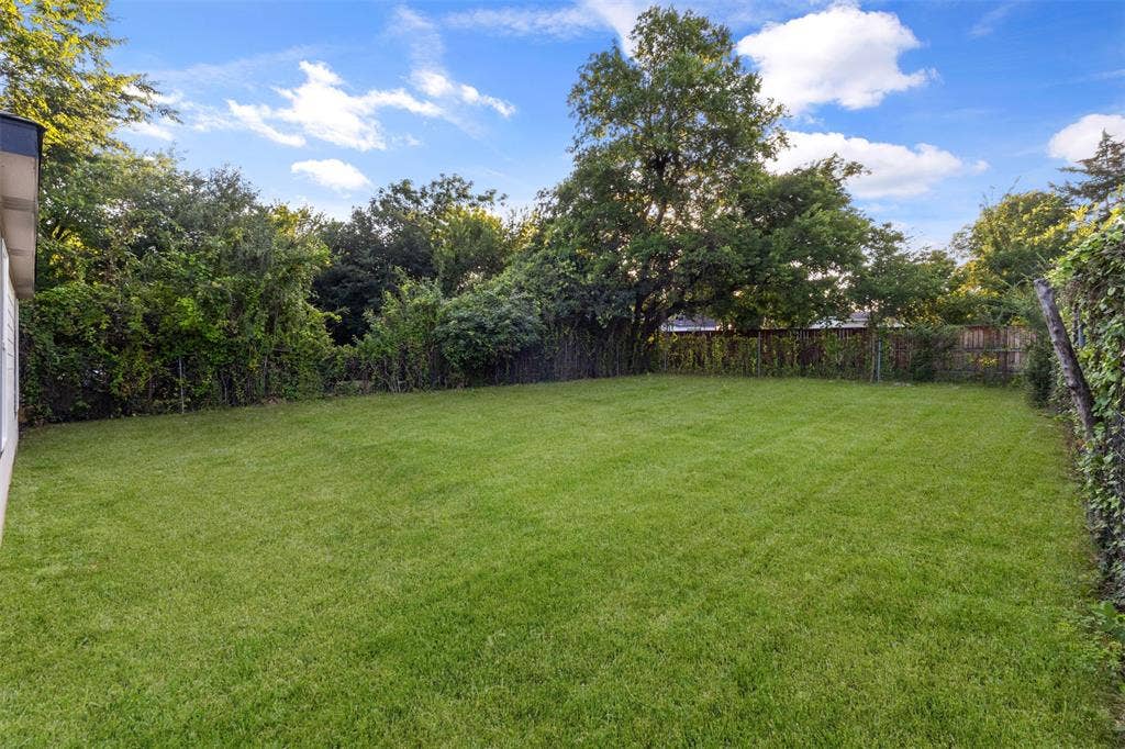 1507 E Waco Avenue, Dallas, TX 75216 Expansive backyard featuring a lush green lawn, mature trees, and perimeter fencing