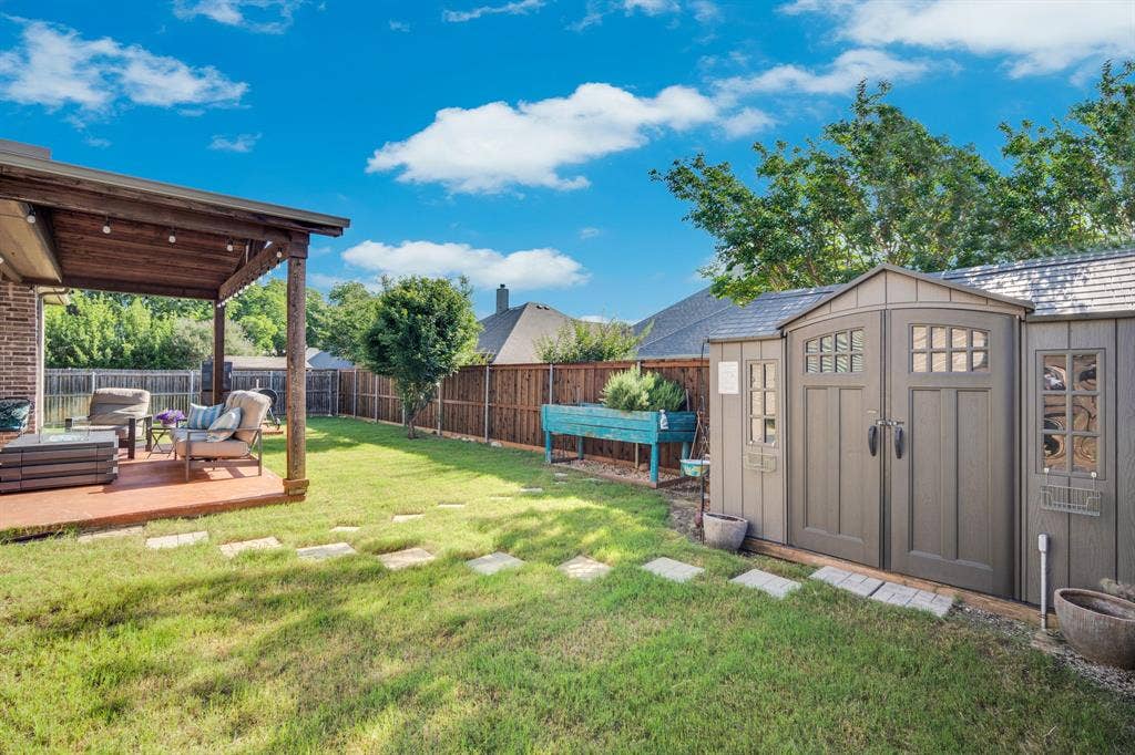 Back yard featuring the shed which has electricity and AC.