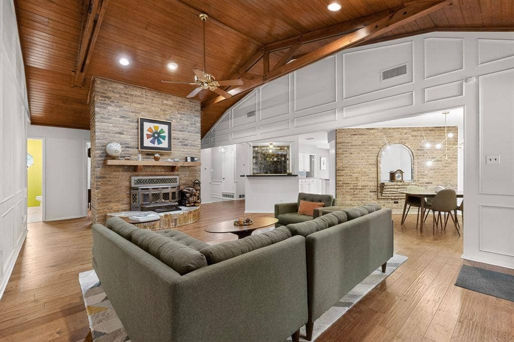 1151 Lynn Way, Waxahachie, TX 75165 Vaulted wood-paneled ceiling with exposed beams