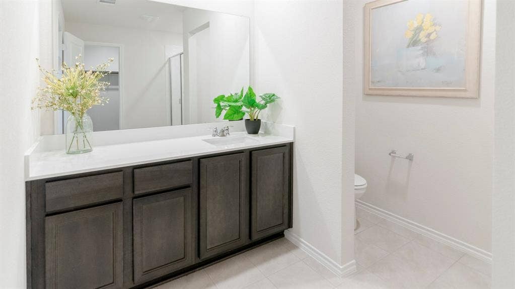 1627 Blaire Drive, Tyler, TX 75702 Bathroom vanity featuring a light countertop, dark wood-finish cabinetry, and a wide mirror