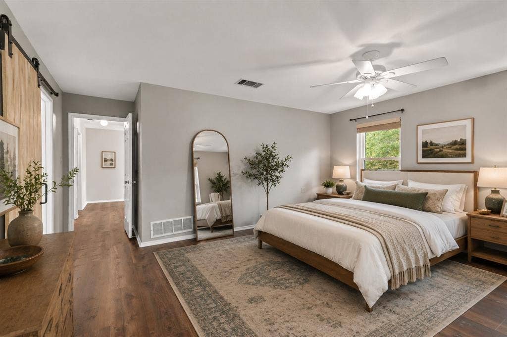 Virtually staged primary bedroom