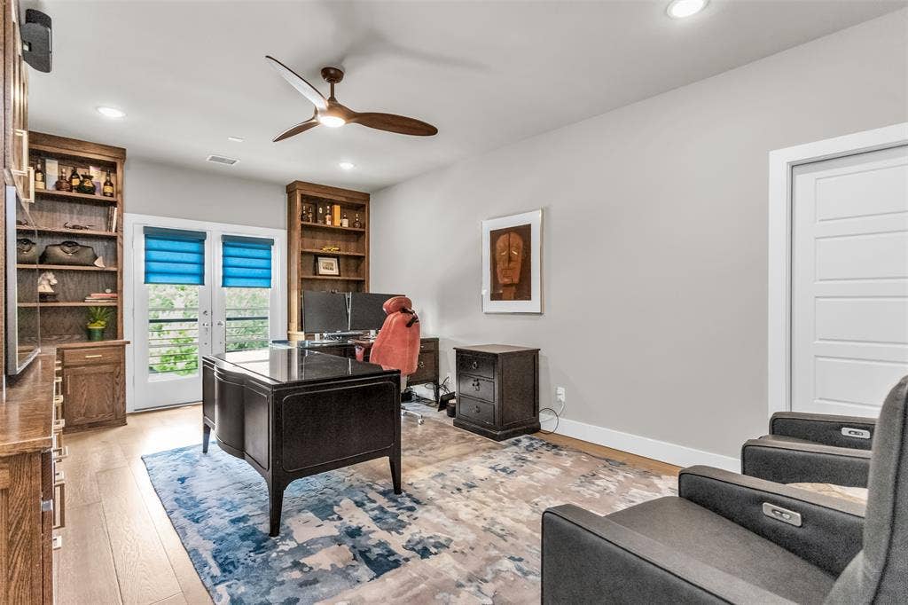 8138 Edgefield Court, Frisco, TX 75035 Dedicated space featuring wood-finish flooring, recessed lighting, and a ceiling fan