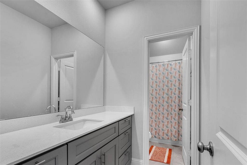 3708 Jan Camille Court, Celina, TX 75009 Bathroom featuring vanity, toilet, a shower with curtain, and tile patterned floors