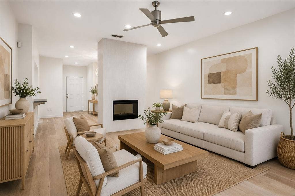 12680 Hillcrest Road, #1109, Dallas, TX 75230 Furnished living room generated by AI.