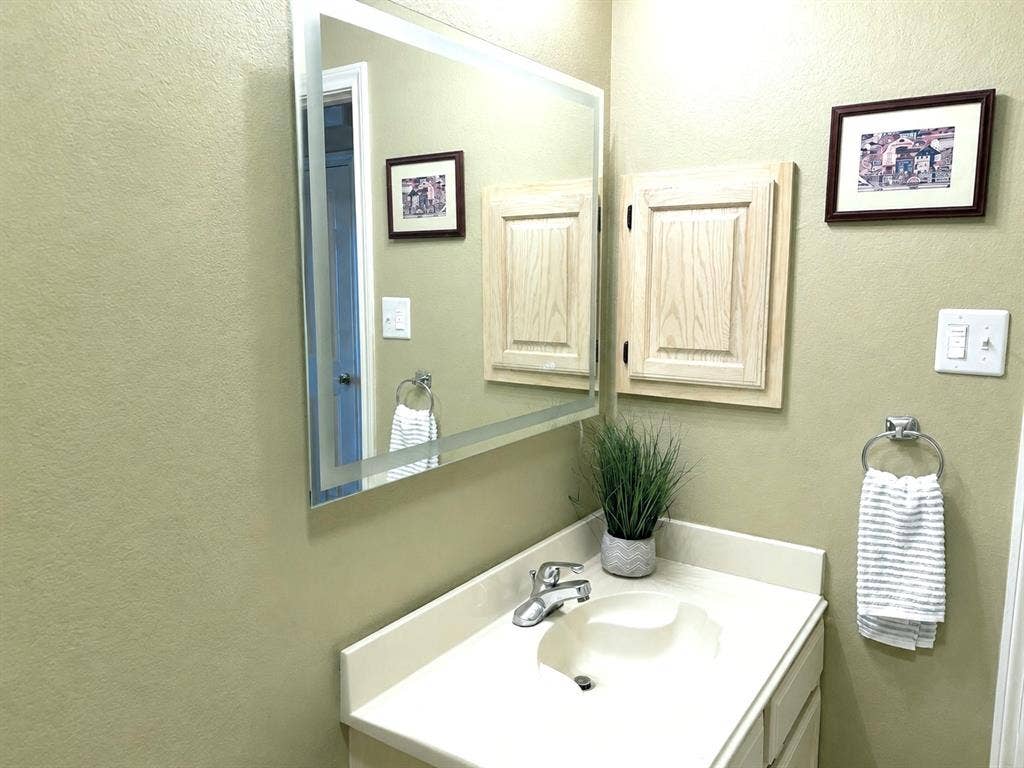 1221 Big Bend Drive, McKinney, TX 75069 Vanity in Guest bathroom with new toilet and mirror just installed!