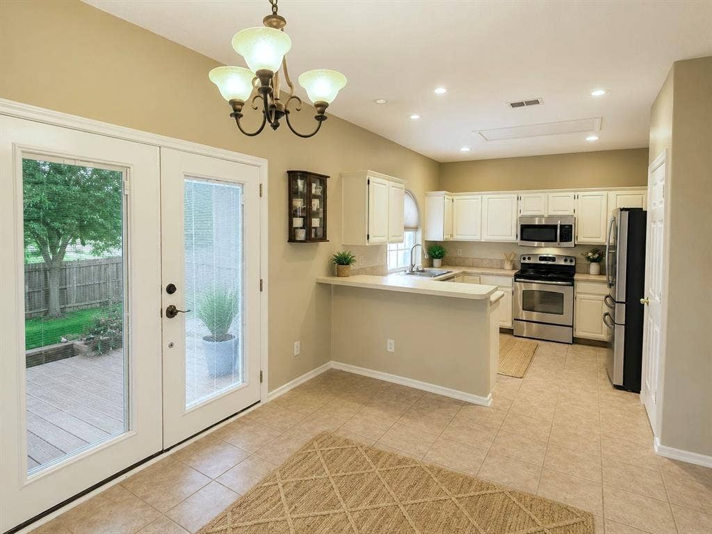 1221 Big Bend Drive, McKinney, TX 75069 Kitchen & breakfast area with atrium doors That have been recently replaced. leading to the backyard.
