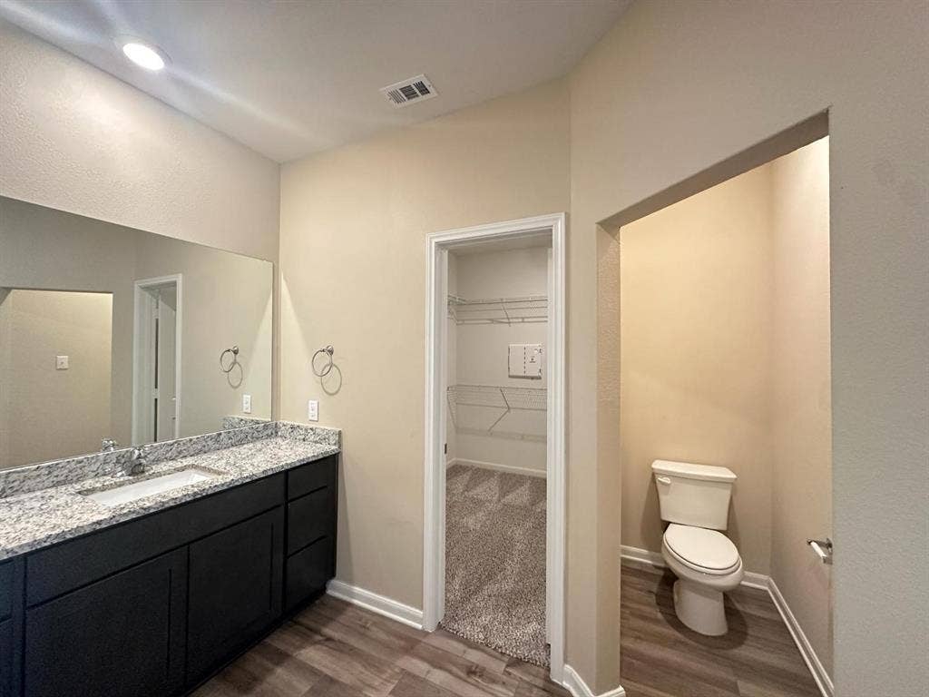1707 Cotton Blossom Lane, Princeton, TX 75407 Vanity featuring a spacious countertop, integrated sink, and dark cabinetry