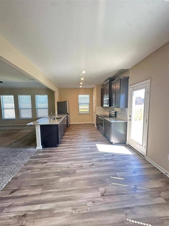 1707 Cotton Blossom Lane, Princeton, TX 75407 Kitchen featuring wood-finish flooring, dark cabinetry, granite-style countertops, stainless steel appliances, and recessed lighting