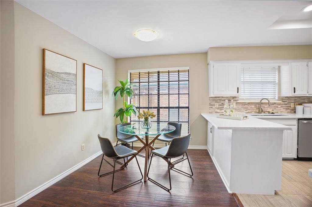 3228 Anchor Drive, Plano, TX 75023 Dining area with wood-finish flooring, a large window with blinds, and recessed lighting