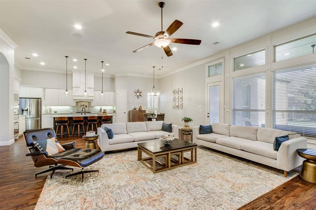 Wonderful living space overlooking the outdoor living space with another fireplace!