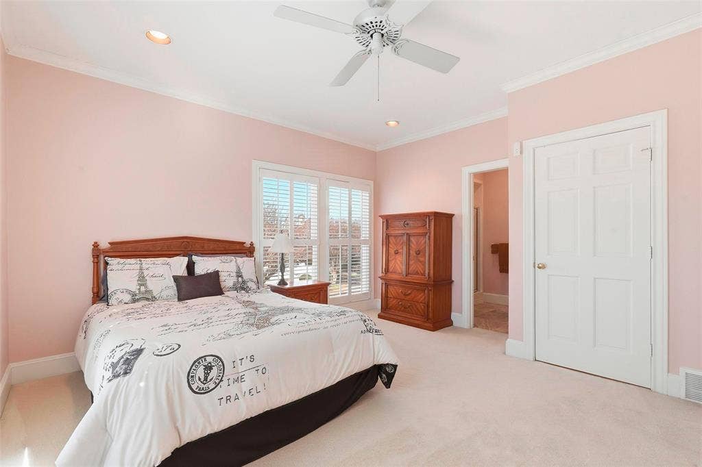 5949 River Bend Drive, Benbrook, TX 76132 Recessed lighting, ceiling fan, crown molding, white paneled door, and plantation shutters