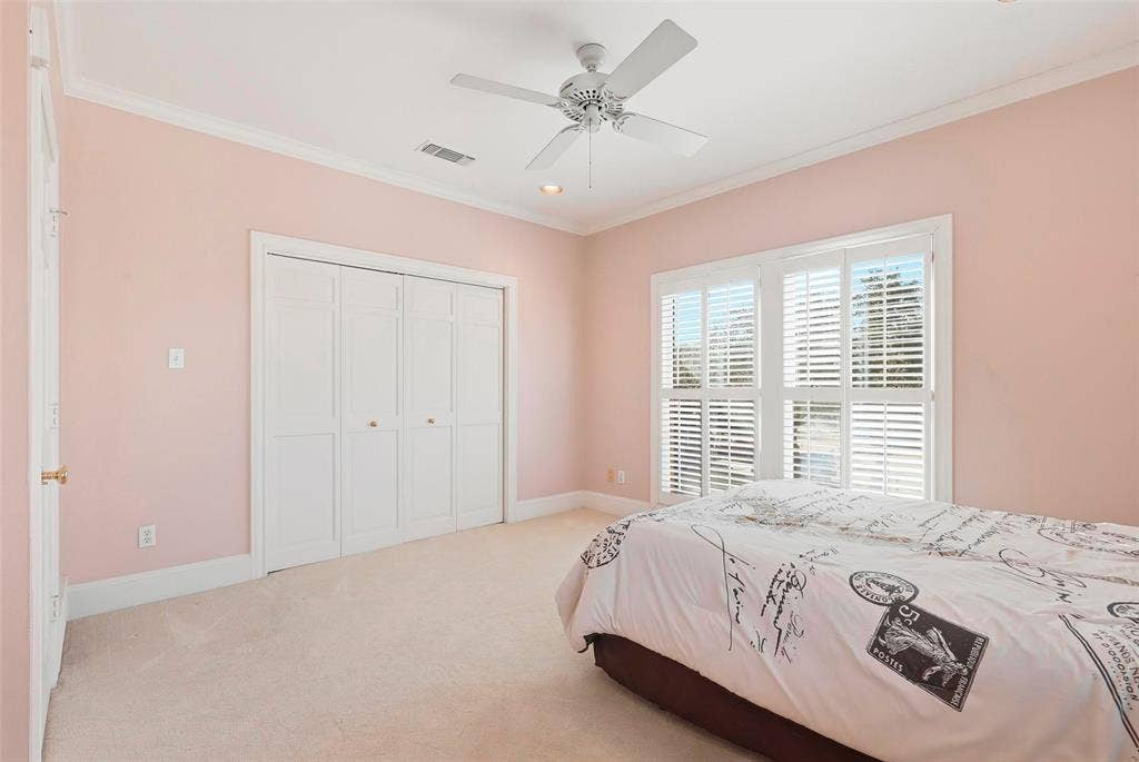 5949 River Bend Drive, Benbrook, TX 76132 Recessed lighting, crown molding, ceiling fan, bi-fold closet doors, and plantation shutters