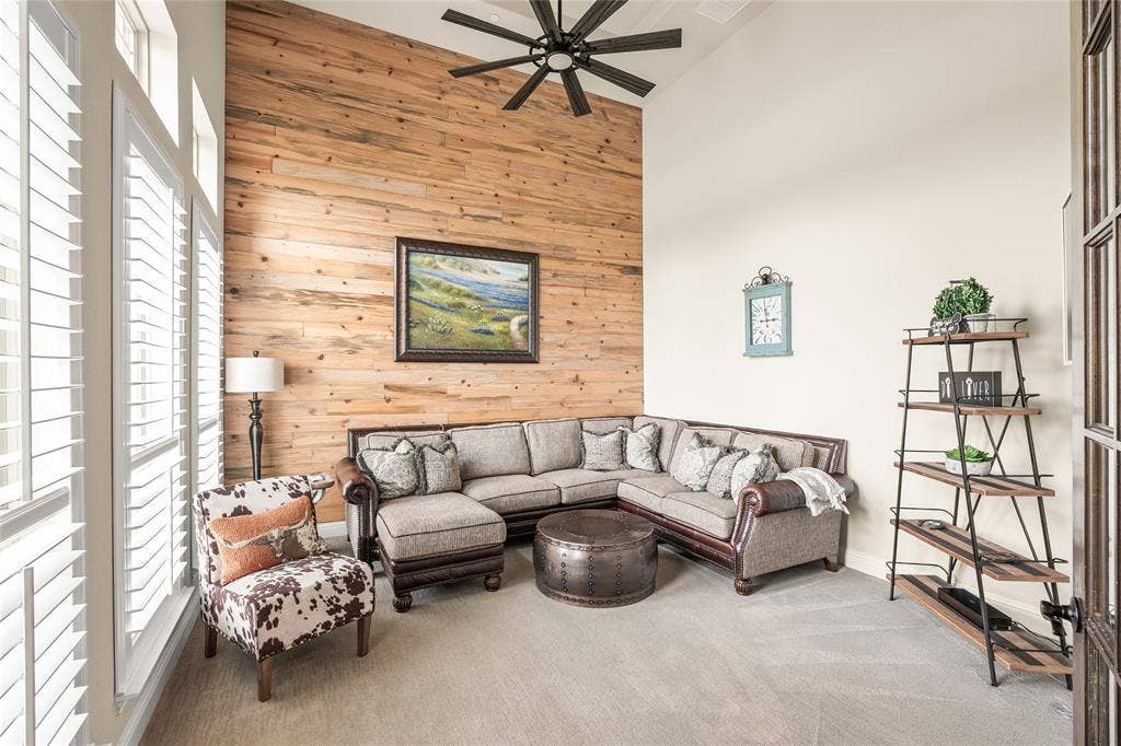 1615 Sara Cove, Lucas, TX 75002 spacious office with natural wood accent wall, and high trey ceiling