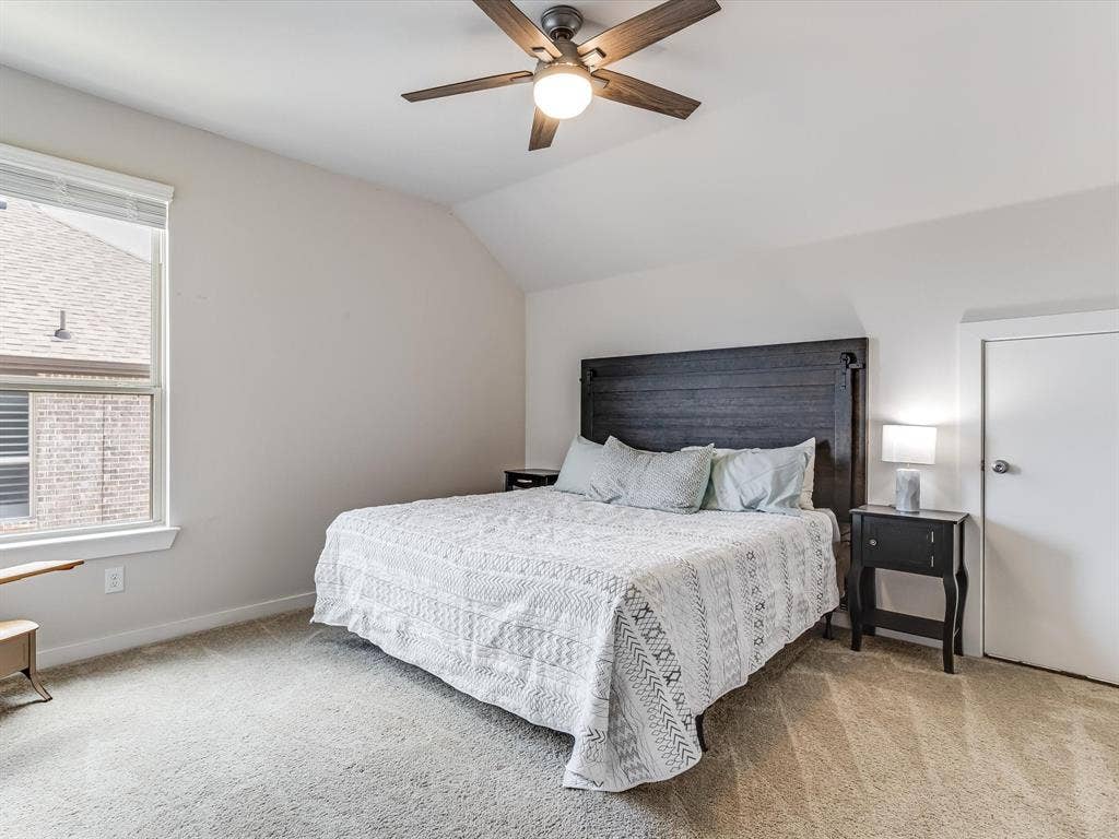 1021 Daylily Drive, Northlake, TX 76226 Carpeted room featuring a ceiling fan, a window with blinds, and white painted walls