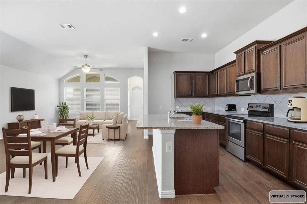 466 Rockaway Drive, Midlothian, TX 76065 Living Area & Kitchen - Virtually Staged