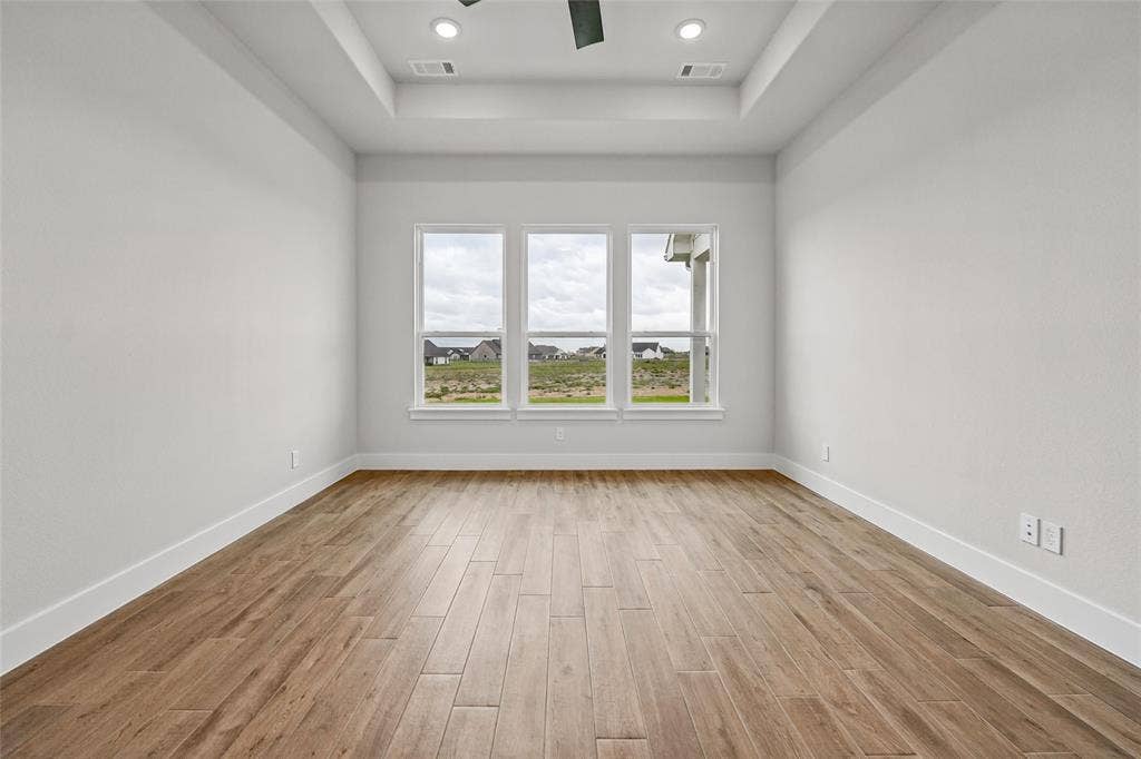 12413 Hornfels Drive, Krum, TX 76249 Tray ceiling with recessed lighting, wood-finish flooring, and multiple windows
