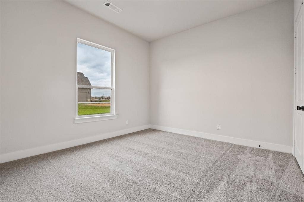 12413 Hornfels Drive, Krum, TX 76249 Single-hung window, light-colored walls, light-colored carpeting, white trim, and a white interior door with black hardware