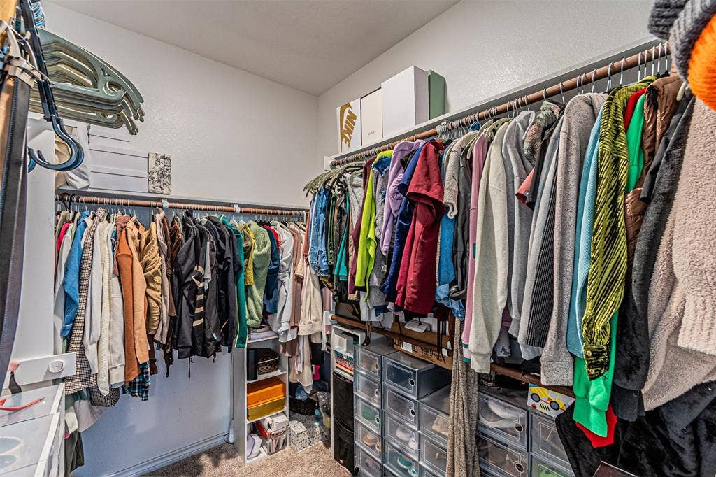 Walk-in closet featuring white walls, overhead lighting, and carpet flooring