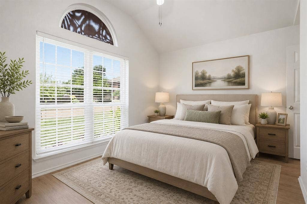 Vaulted ceiling room featuring a large window with an arched transom, wood-finish flooring, and a ceiling fan. * *Photo virtually staged using AI.