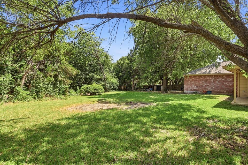 Expansive green lawn with mature trees providing partial shade
