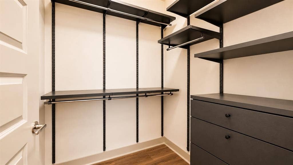3330 Oak Grove Avenue, #1307, Dallas, TX 75204 Custom closet organization system featuring dark shelving, multiple hanging rods, and built-in drawers
