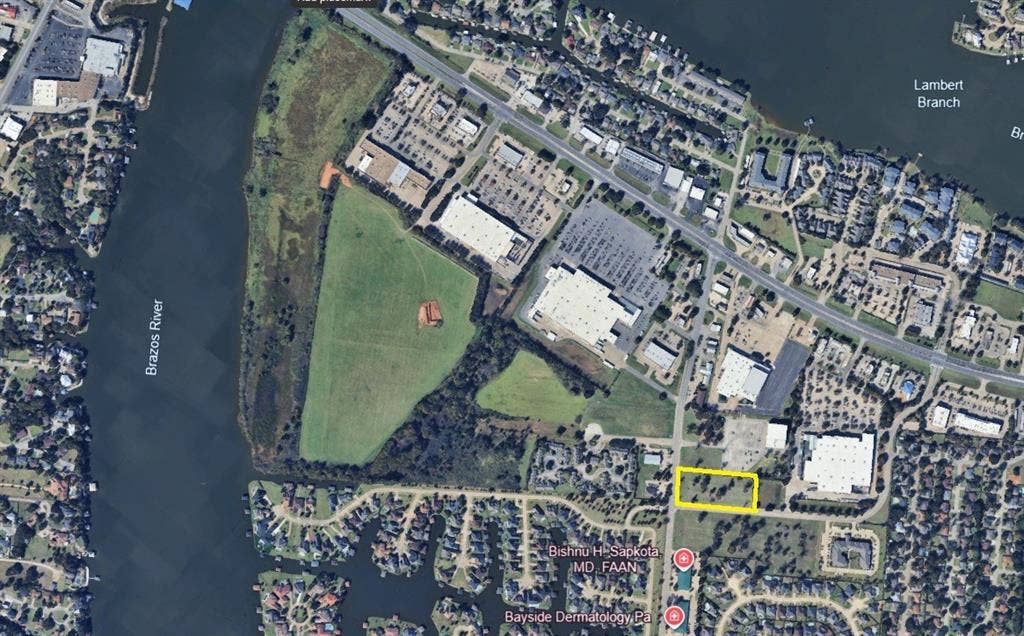 1215 Waters Edge Drive, Granbury, TX 76048 Aerial Map. Depicting the property highlighted in yellow and its surrounding environment