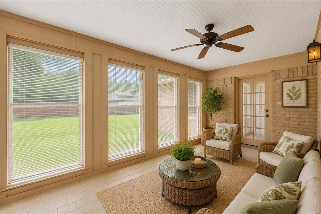 2125 Woodbrook Street, Denton, TX 76205 Sunroom featuring a white beadboard ceiling, multiple large windows with blinds, a ceiling fan, and light-colored brick walls