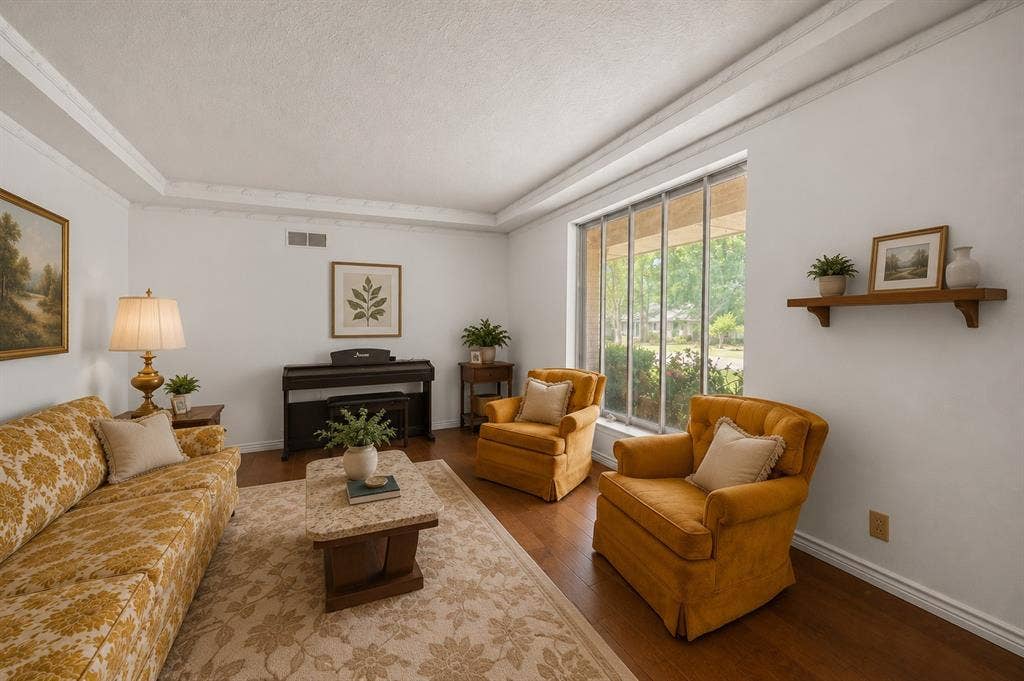 2125 Woodbrook Street, Denton, TX 76205 Living area featuring wood-finish flooring, a large multi-pane window, white walls, and a tray ceiling