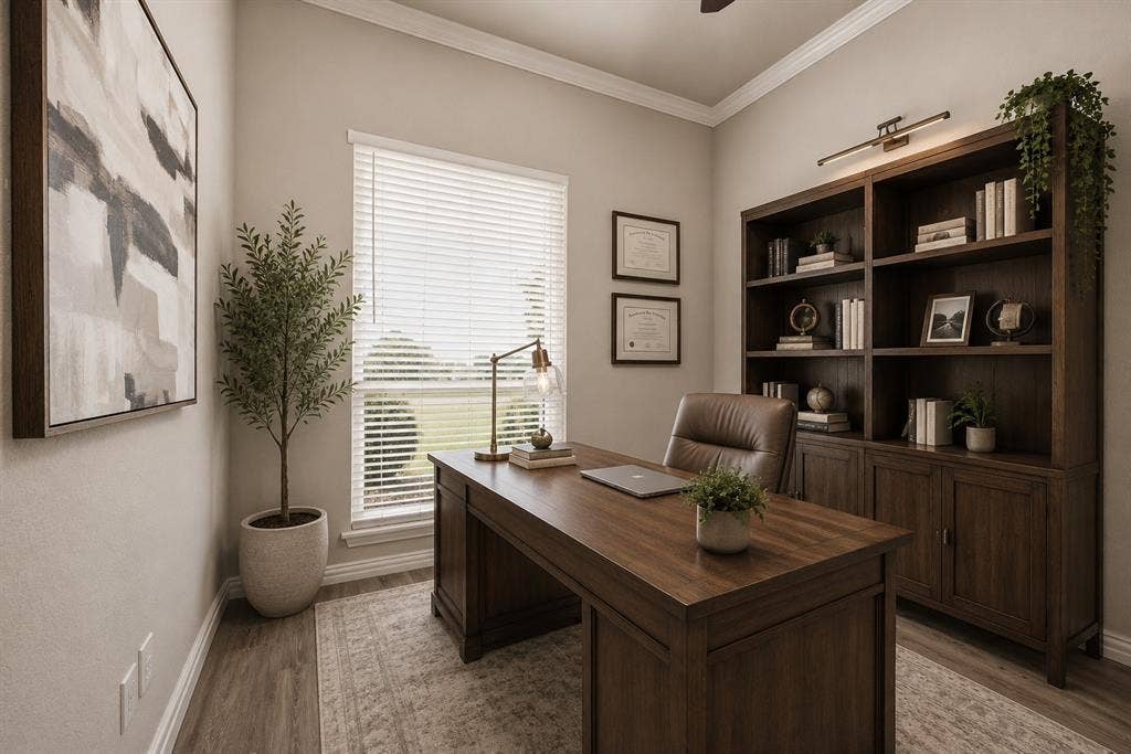 **Virtually staged**Sophisticated home office featuring a rich wood-finish desk with ample workspace, floor-to-ceiling built-in cabinetry with shelving and display opportunities, hardwood flooring, natural light from large window with plantation shutters, and tasteful framed artwork