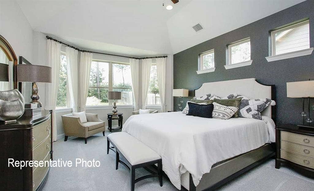 1324 Gardendale Hollow Lane, Anna, TX 75409 Spacious bedroom featuring a vaulted ceiling, bay window, light grey carpeting, and a dark accent wall