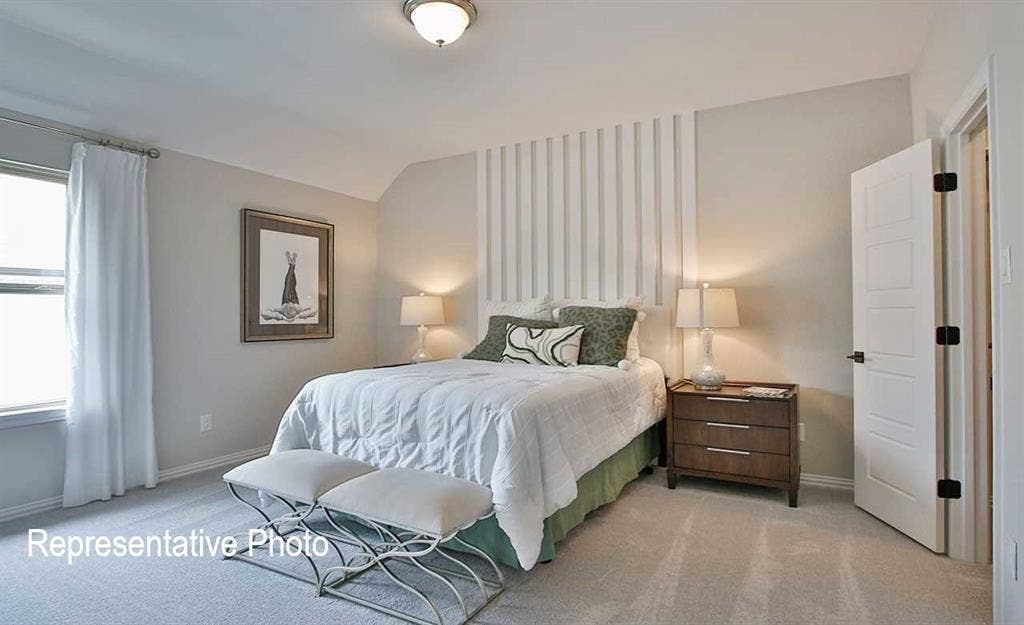 1324 Gardendale Hollow Lane, Anna, TX 75409 Carpeted room featuring a window with natural light, a decorative wall panel, a ceiling-mounted light fixture, and an interior panel door