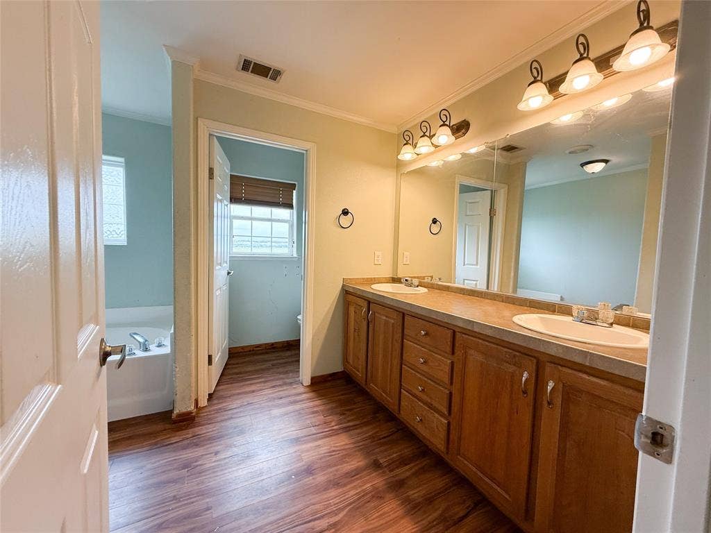 2749 Mcgregor South Loop, McGregor, TX 76657 Bathroom featuring a long dual-sink vanity with wood-finish cabinetry and a spacious wall-mounted mirror