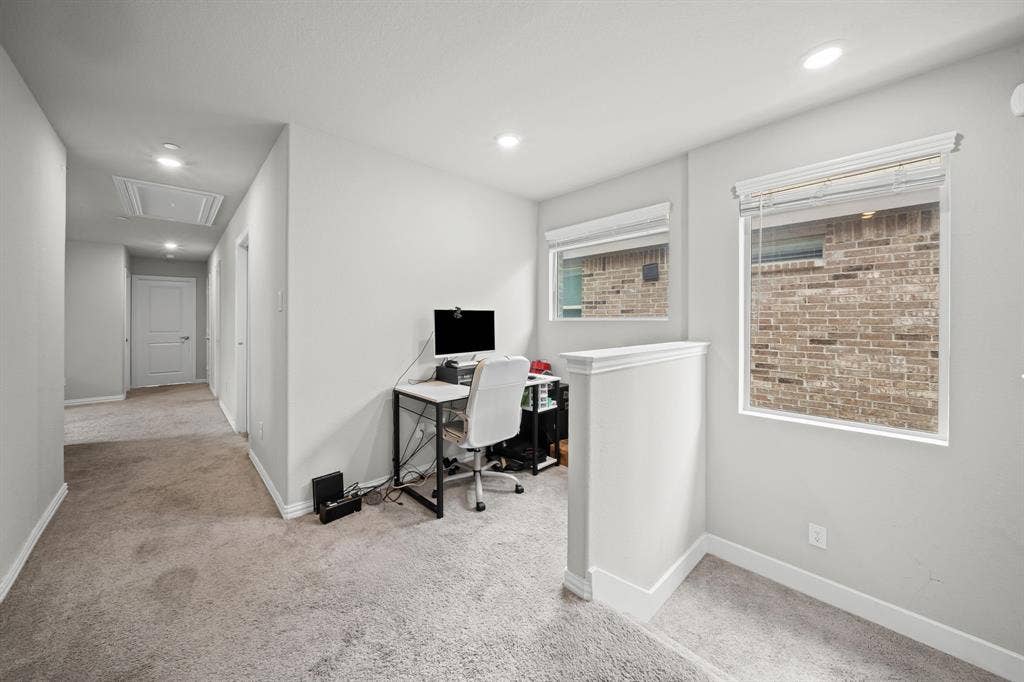 4129 Bullwhip Creek Lane, Sachse, TX 75048 Carpeted hallway featuring recessed lighting and white trim