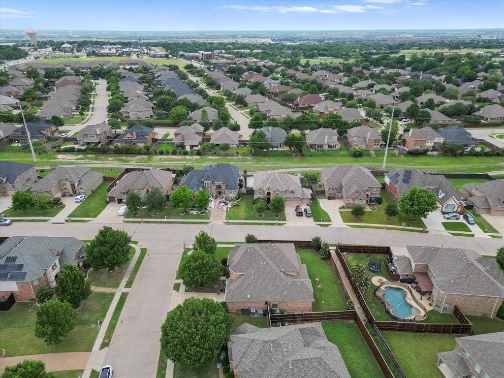 1621 Lakemere Drive, Prosper, TX 75078 Aerial perspective showcasing a residential area with varied home designs and mature landscaping
