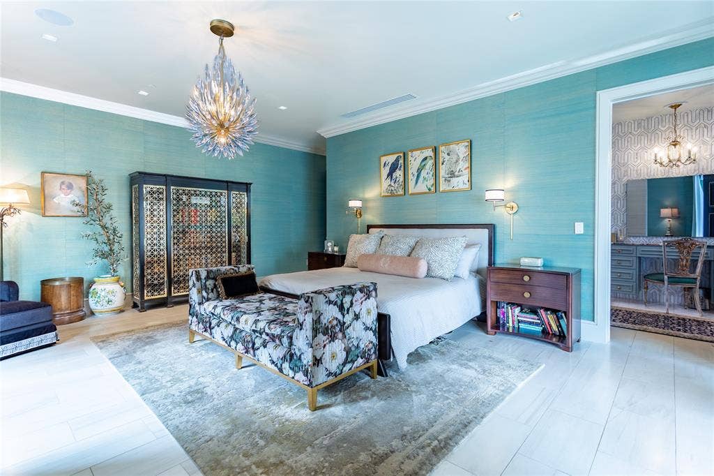 2300 WOLF Street, #5D, Dallas, TX 75201 Oversized Primary Bedroom with designer wallcovering & ensuite Bath.
