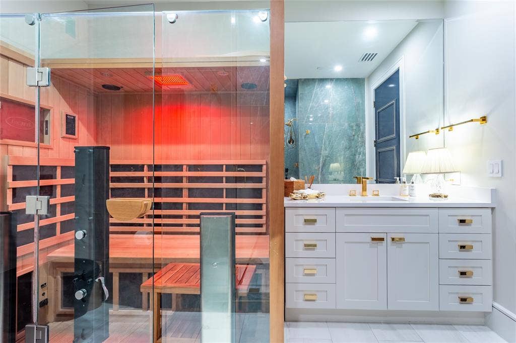 2300 WOLF Street, #5D, Dallas, TX 75201 Guest Bath has Clearlight Infrared Sauna with bluetooth capabilites & smart phone/tablet controls.
