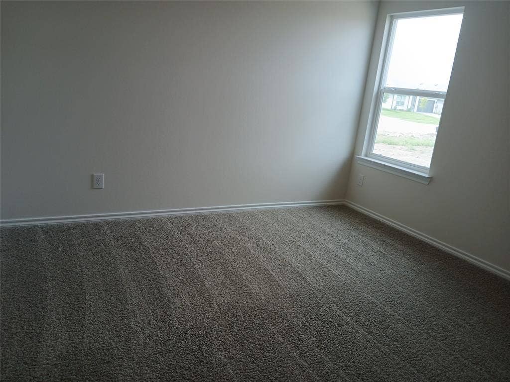 312 Whispering Pine Drive, Royse City, TX 75189 Neutral tone wall paint, textured carpeting, white baseboards, and a double-hung window with white trim