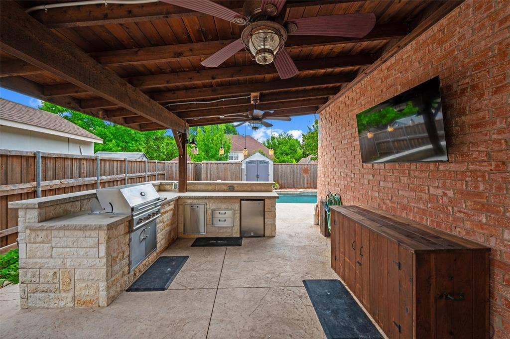 2228 Amy Lane, Plano, TX 75074 Fabulous OutDoor Kitchen with Gas Grill, refrigerator, TV, storage 2 ceiling fans