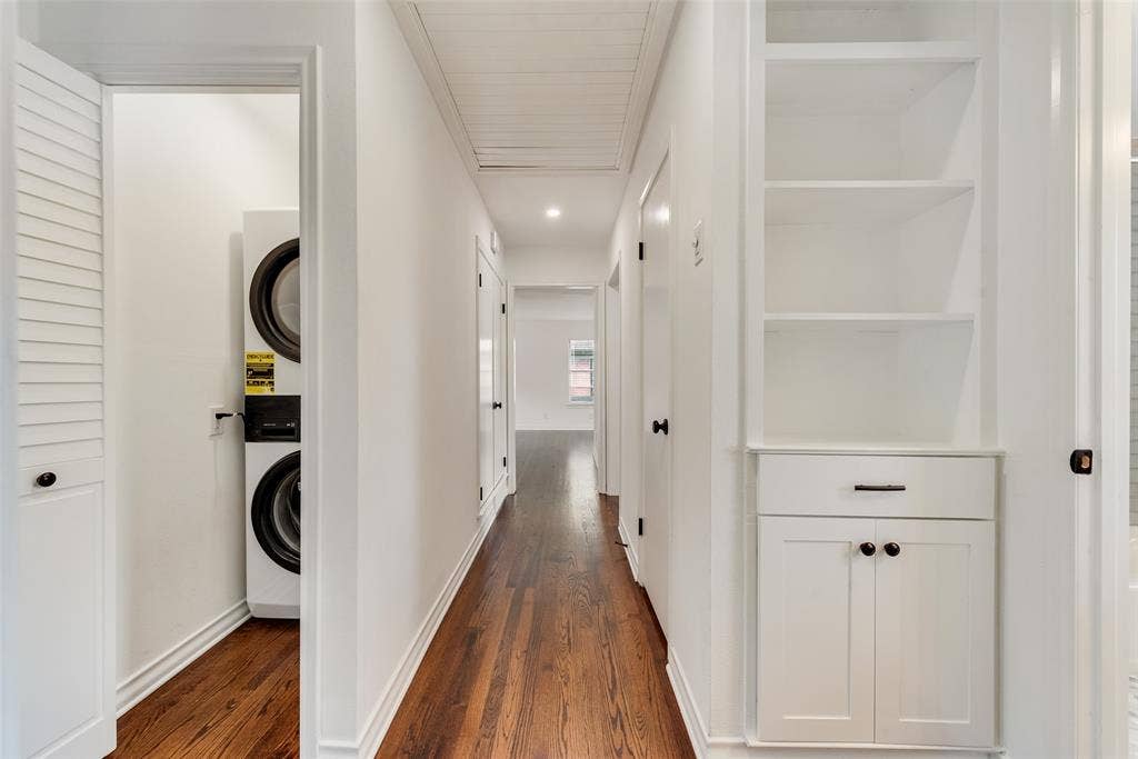 2523 San Medina Avenue, Dallas, TX 75228 Hallway featuring wood-finish flooring, recessed lighting, and a white beadboard ceiling