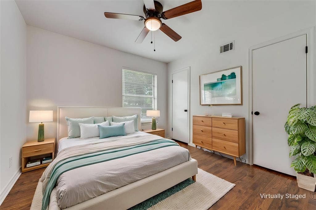 2523 San Medina Avenue, Dallas, TX 75228 Bedroom featuring wood-finish flooring, white walls, and a ceiling fan with light fixture